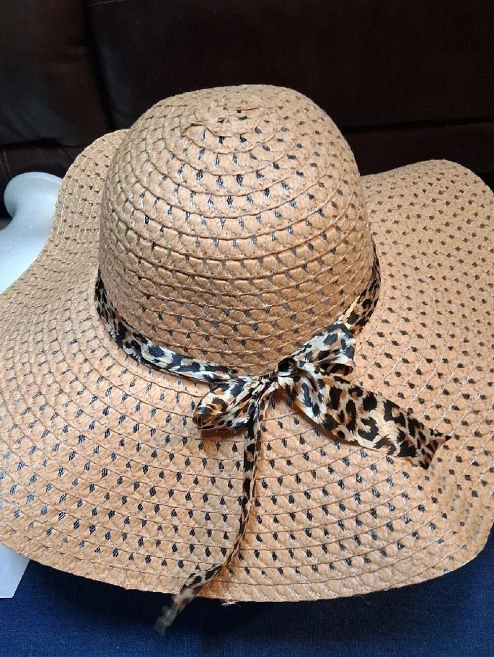 Straw Wide-Brim Sun Hat with Leopard Accent - Tan